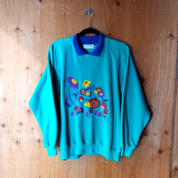 Alice Collins Vintage Teal Cotton Blend Embroidered Hedgehog Scene Sweatshirt - Picture 1 of 9